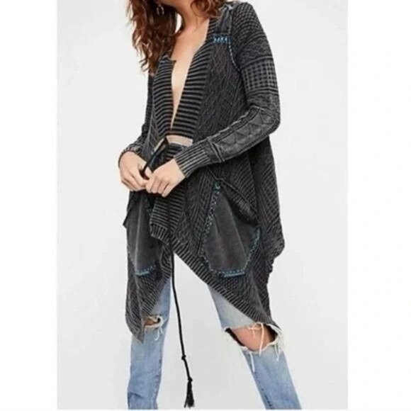 RARE Free People Washed Black Asymmetrical Cascading Waterfall Cardigan - Picture 1 of 16